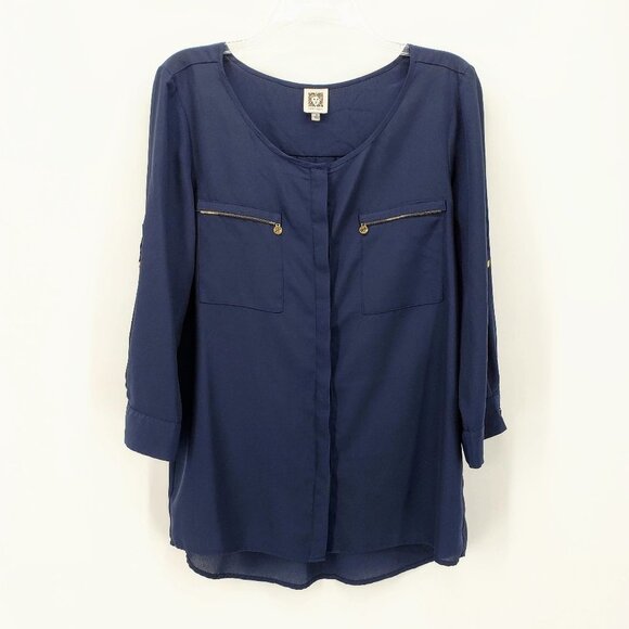 Anne Klein Tops - ANNE KLEIN Navy Gold Button Down Blouse Top M